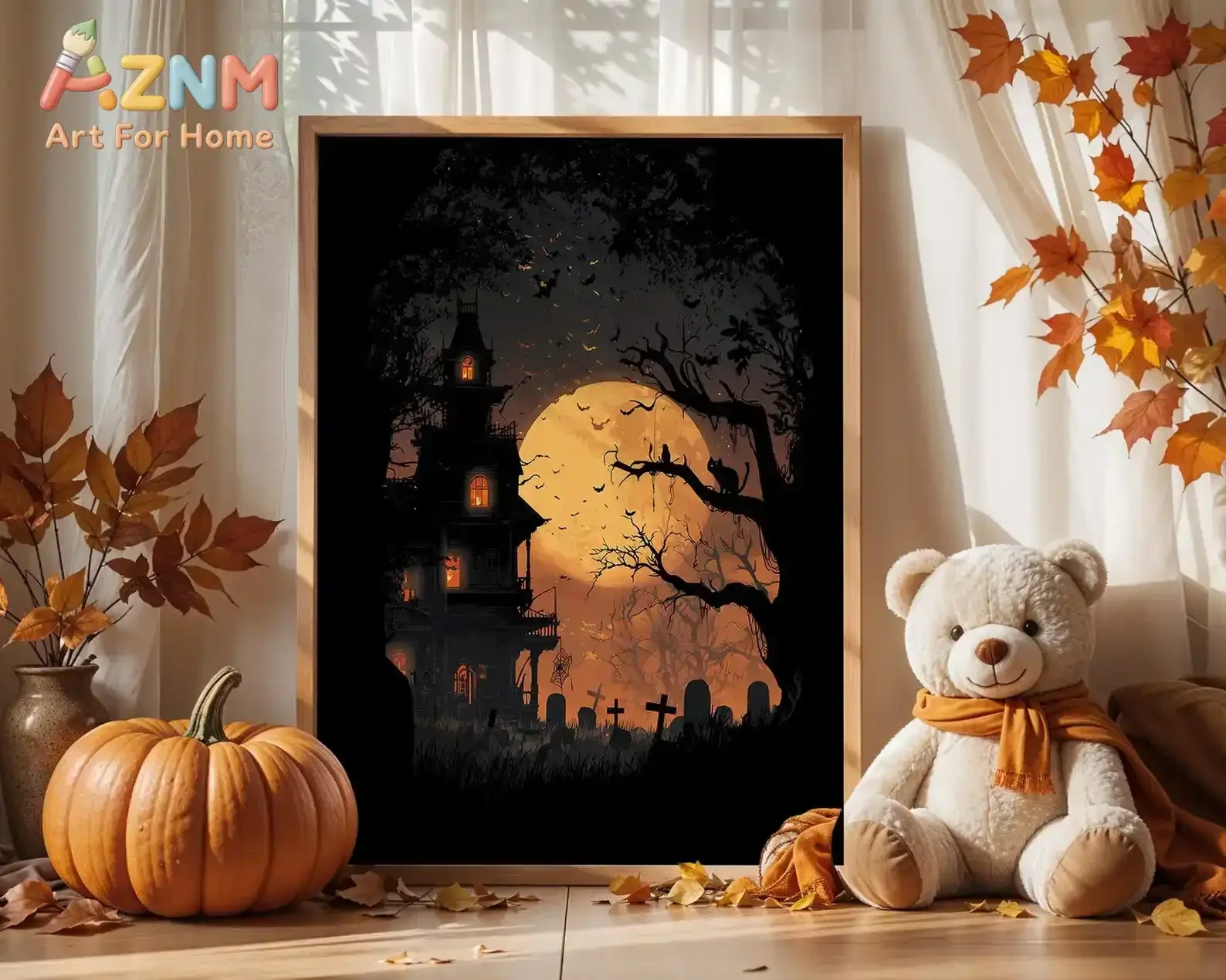 Vintage Halloween Haunted House Canvas Wall Art, Big Full Moon Graveyard Bat Print, Spooky Dark Cottagecore Autumn Home Decor