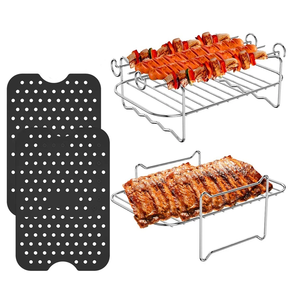 Air Fryer Rack, Air Fryer Double Layer Rack, Multi-Purpose Air Fryer, Stainless Steel Grilling Rack with 4 Skewers