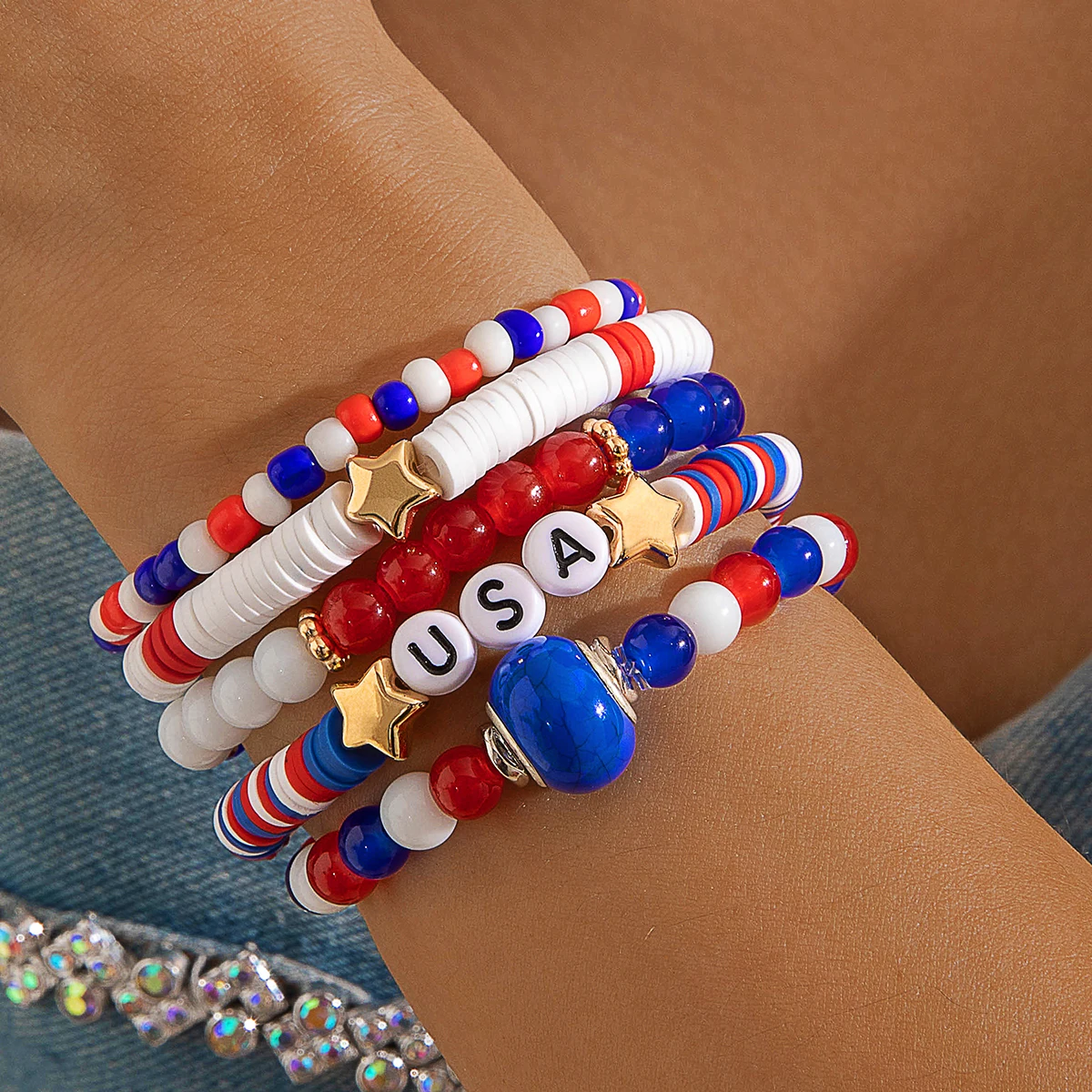 Docona Bohemian Style Multi-storey Bead String Crystal Letters Stars Decorate Bracelet Independence Bracelets Fashion Jewelry