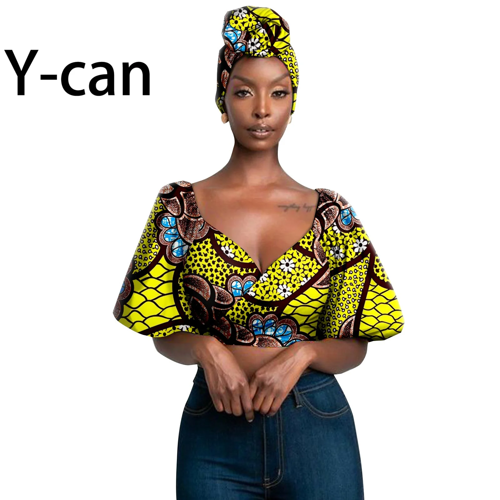 

African Women Top Clothes Dashiki Summer Sexy Lantern Sleeve Deep V-neck Print Cross Crop Shirts with Turban Headtie Y2222003