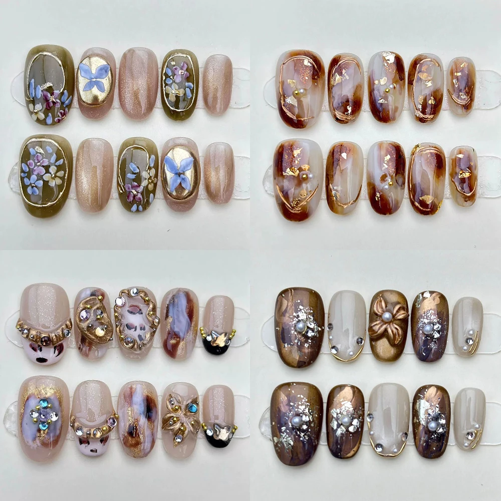 

Light Luxury Maillard 3D Flower Handmade Short Ellipse Wearable False Nails Cat Eyes Diamond Pearl Sequins Press On Nails