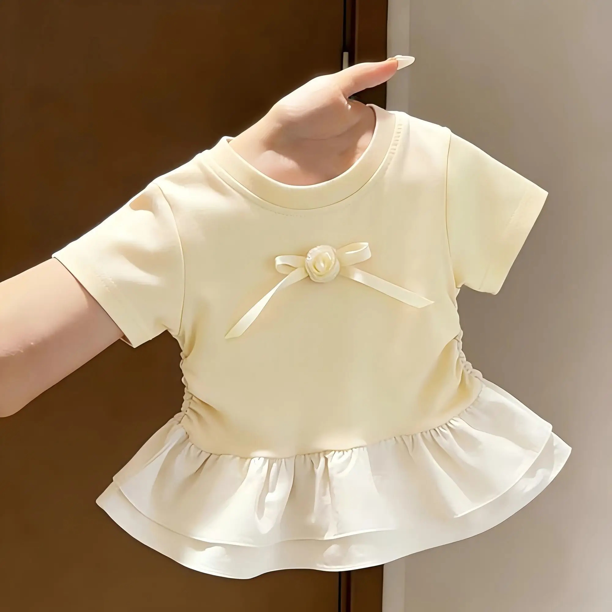 Girls Lotus Leaf Patchwork Short Sleeved Bow T-shirt Summer New Style Sweet Children Versatile 2026 Top