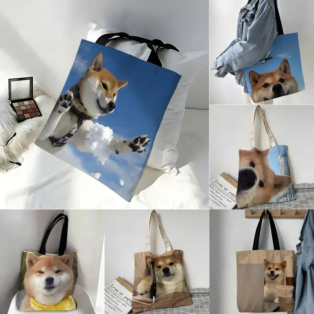 Storage Bags Casual Portable Shoulder Bag Lightweight Shopping Bag Reusable Linen Bag Cute Shiba Inu meme Emoticons