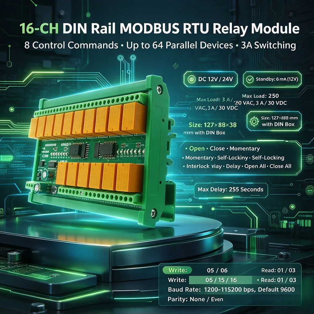 16 Channel RS485 Modbus RTU Relay Board Multi Baud Rate Max 64 Parallel Devices Momentary Interlock Delay Smart Home Motor