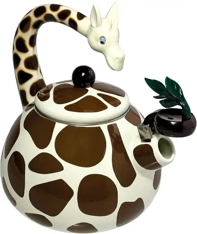 Giraffe Design Whistling Tea Kettle - Enamel on Steel Teakettle for Stove Top - Cute Kitchen Accessories - 2.1 Quart