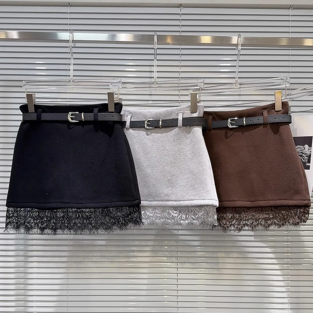 Thiened Fce ort Skirt with Belt Design Lace  for Women Winter New Sle Name Lady f Body Skirt A-Line Silhouette