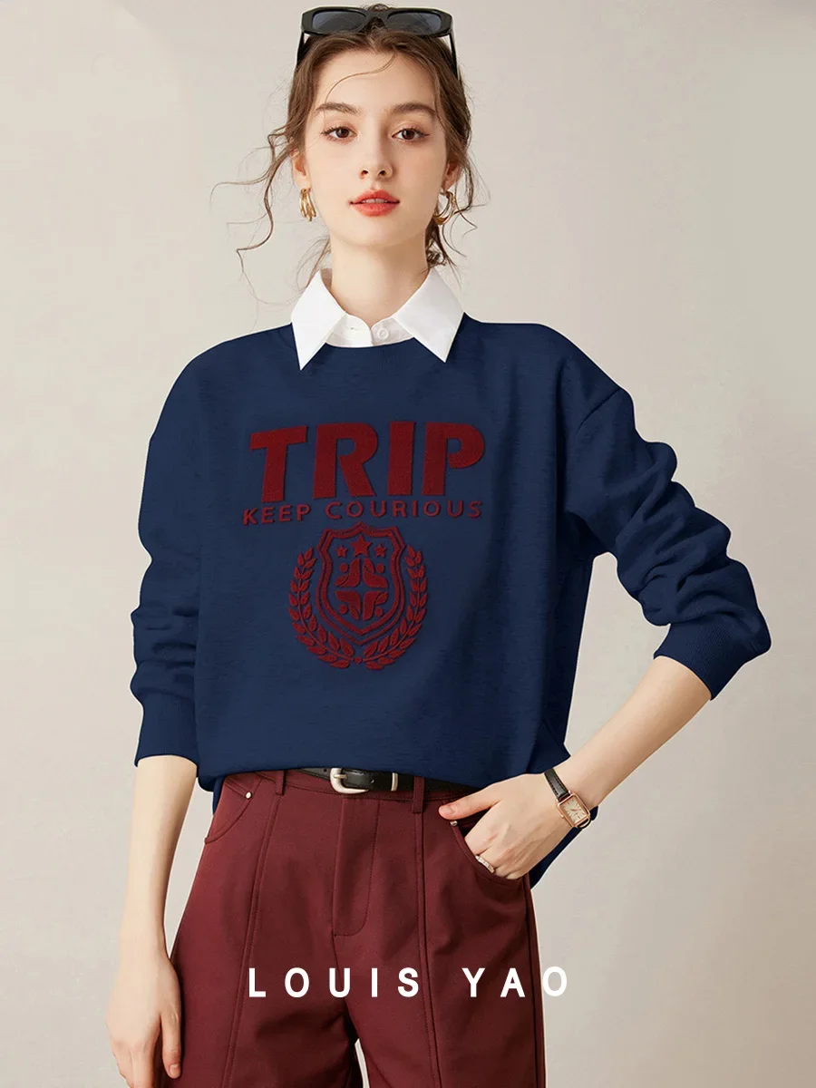 LOUIS YAO Casual Women's Sweatshirts 2026 Autumn/Winter American Retro Thick Velvet Fashionable Letter Badge Pattern Hoodie