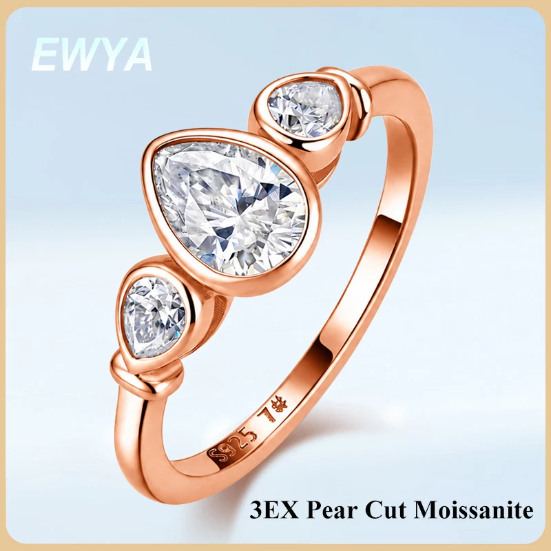 

EWYA Bezel Set 3-Stone All Pear Cut Moissanite Ring for Women S925 Silver Certified Pass Diamond Test Dainty Party Wedding Band