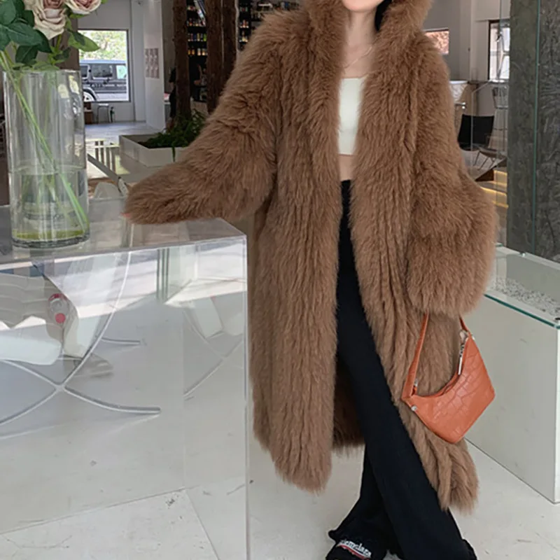 2022 New Arrival Women Fashion Imported  Real Fox Fur Double-sided Knitted Long Fur Coat Hooded