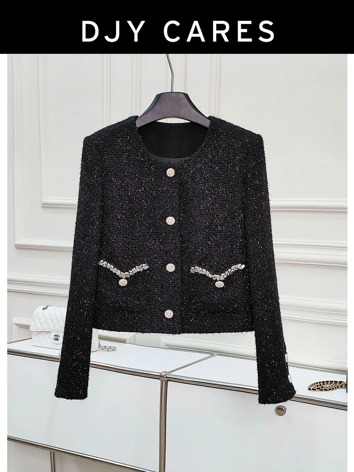 

New Rough woolen black woven small fragrant style jacket elegant top big size