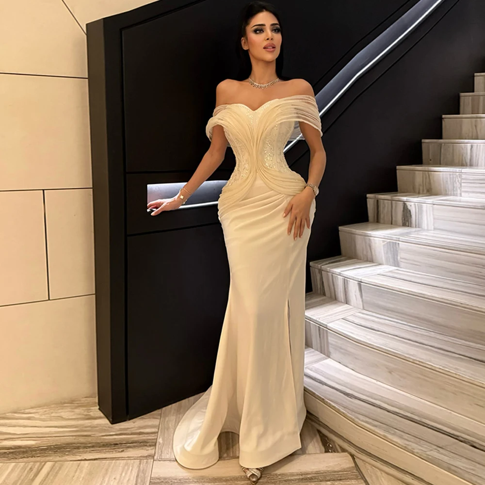 

Graceful Jersey Evening Dress Off the Shoulder Mermaid Customized Party Dresses Fashion Sequined Sweep Train Celebrity Gowns