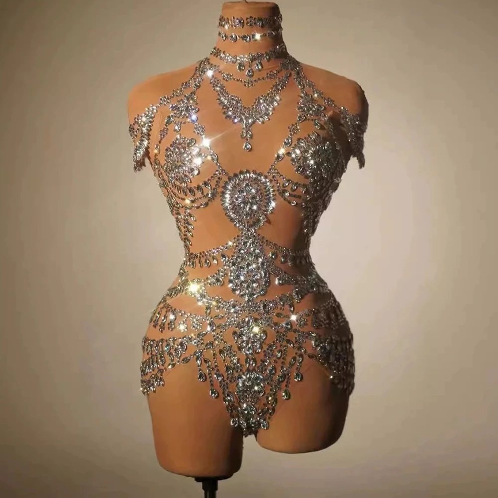 Luxury Rhinestones Sexy See Through Sheath Bodysuit Evening Party Performance Costume Bar Nightclub Singer Dancer Stage Wear