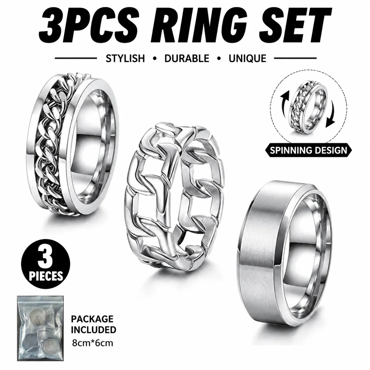 3Pcs Stainless Steel Spinner Rings for Men Women, Rotating Fidget Rings Chain Design, Fashion Couple Jewelry Gift