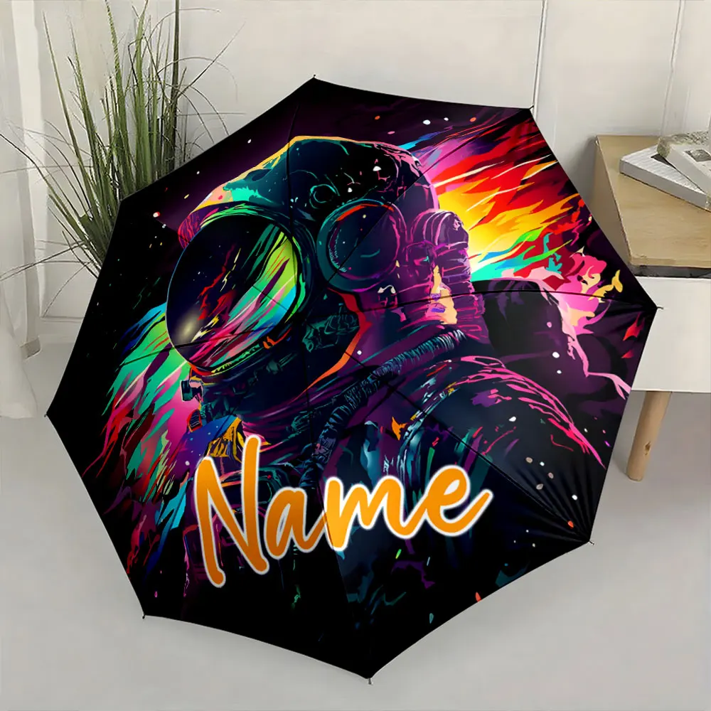Custom Name Vivid Astronaut Artwork Umbrella 8 Iron Ribs Folding Umbrella Auto-Open Fashionable Sunshade Deluxe Gift