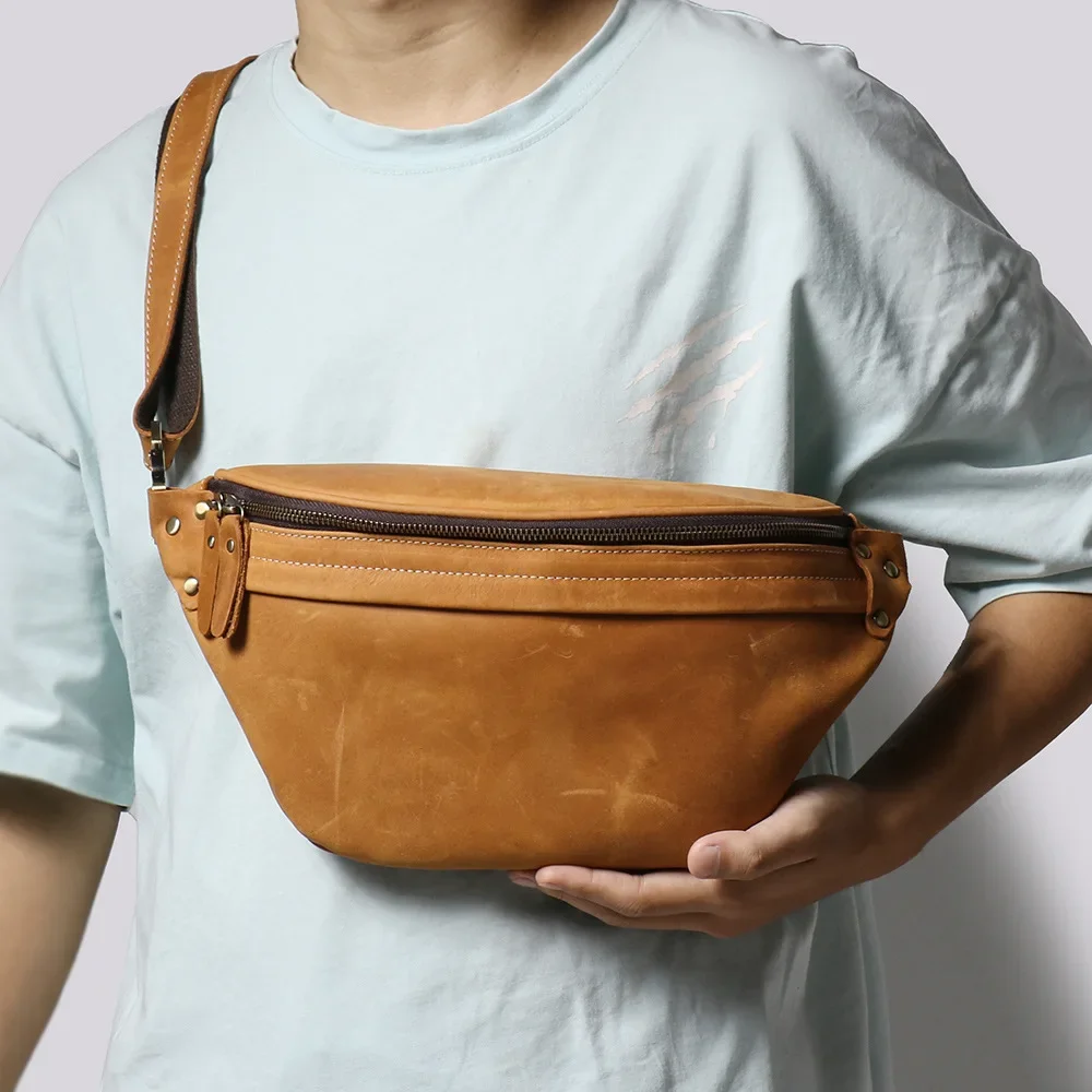 Bolso de pecho de cuero vintage para hombre, bolso cruzado de cuero Crazy Horse con múltiples funciones