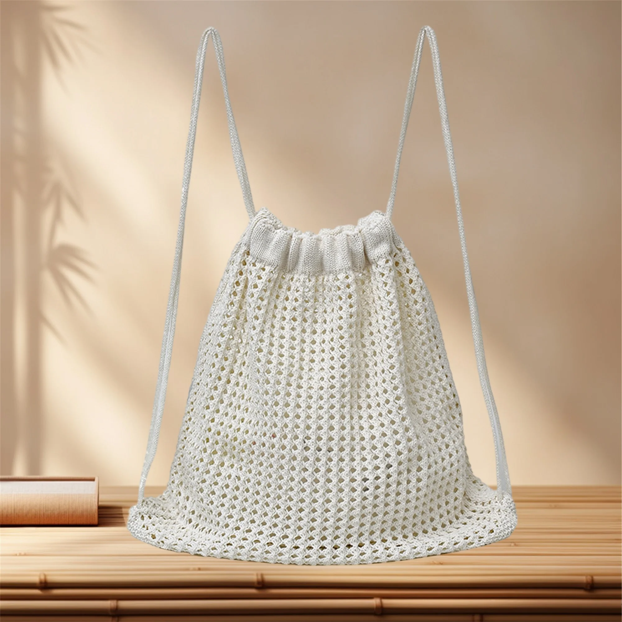 スポーツハイキングや旅行用の中空デザインの手作りかぎ針編みビーチ巾着バックパック - スタイリッシュなジムストリングバッグ
