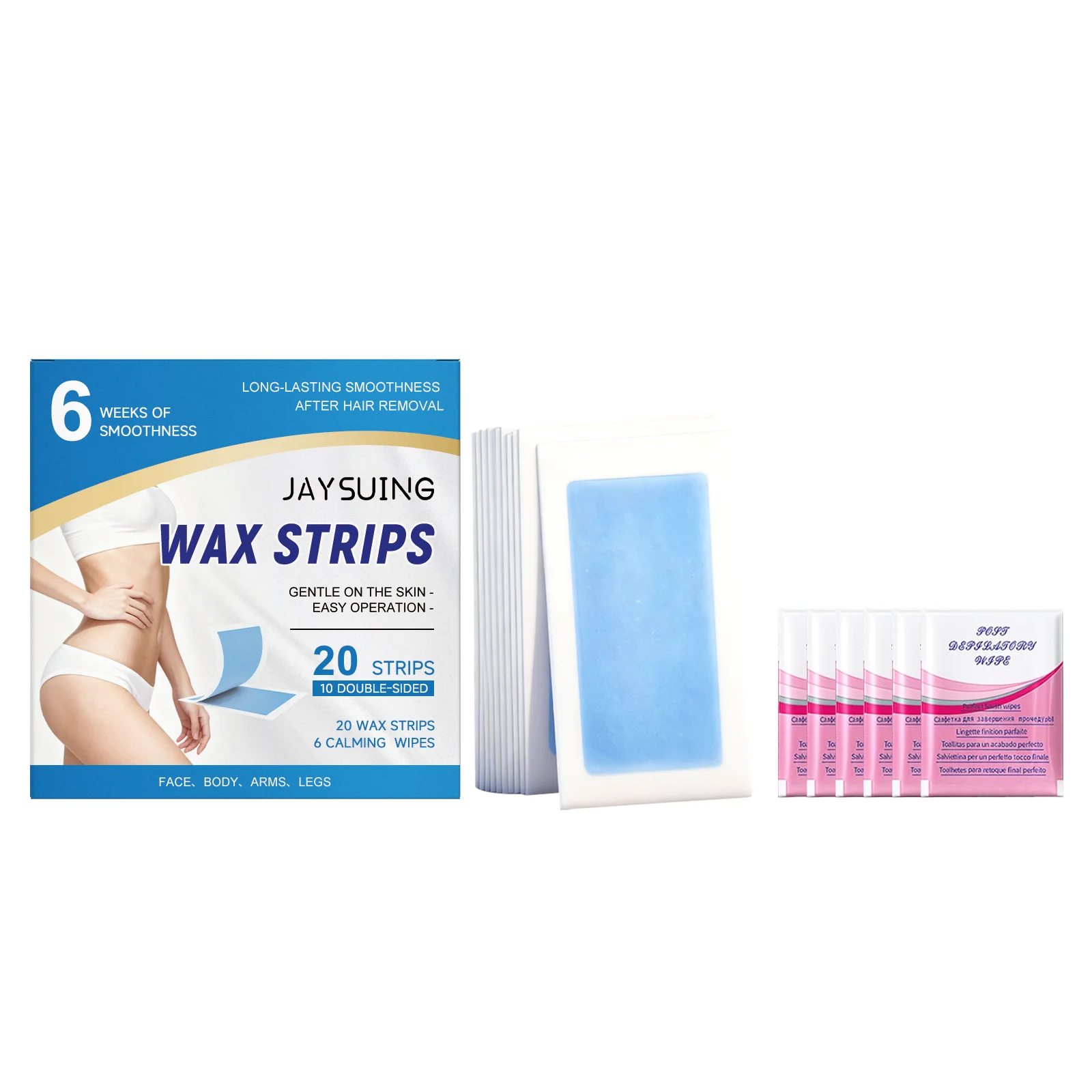 Jaysuing Gentle Hair Removal Wax Strips Painless Easy Use at Home For All Skin Types Face Body Arms Legs Smooth Skin