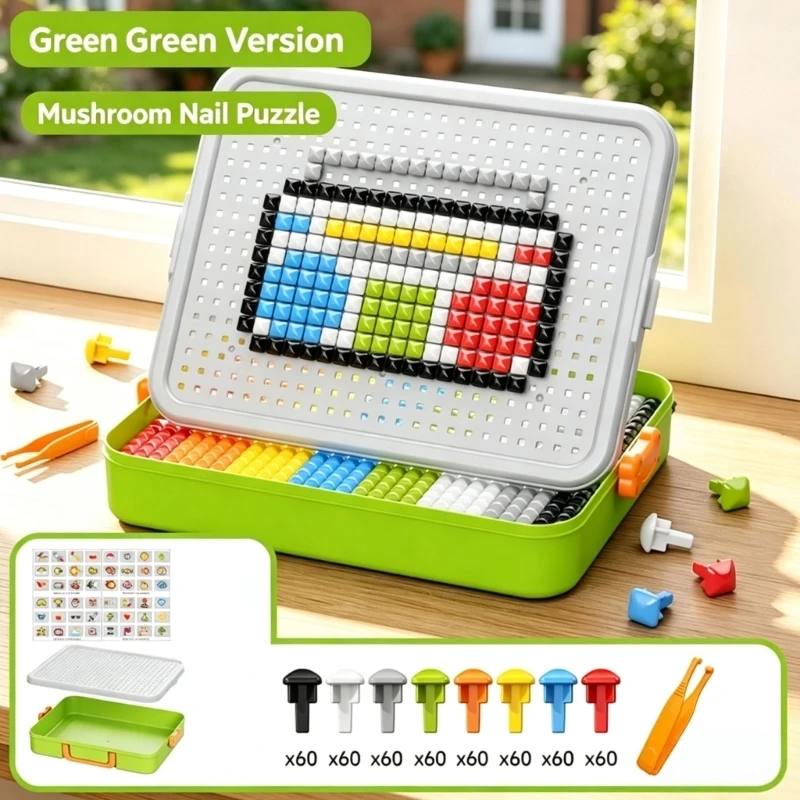 Mushroom Puzzle Toy 480 Pieces Creative Building Board Set with Storage Case, Pattern Guide and Pickup Tool for Kids 15UB