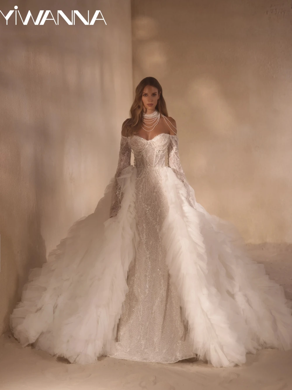 

Ruffled Detachable Train Pearls Mermaid Long Wedding Dress Dreamy Off Shoulder Bridal Gown Customized Luxury Dresses For Bride