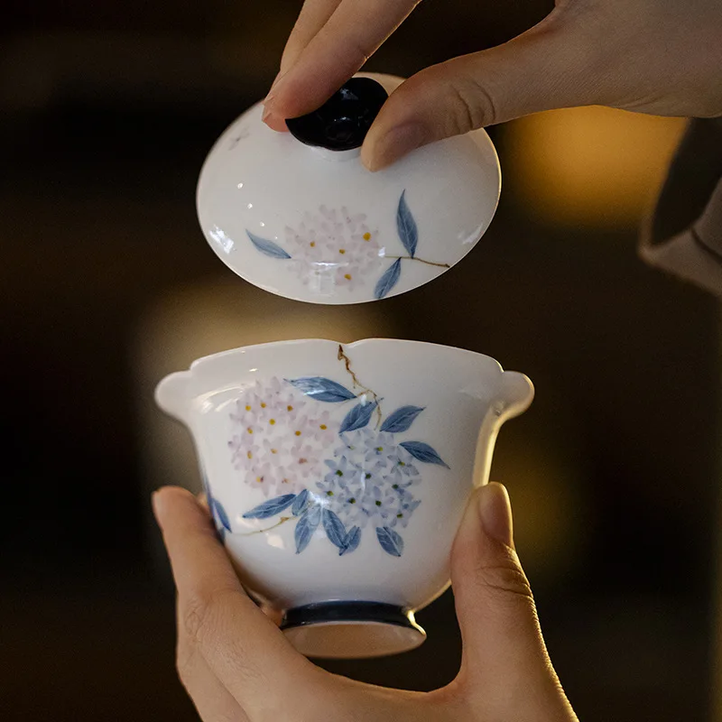 Jade Clay White Porcelain Hand-painted Pastel Hydrangea Ceramic Gaiwan Kung Fu Tea Set High-footed Flower Mouth Imitation Song D
