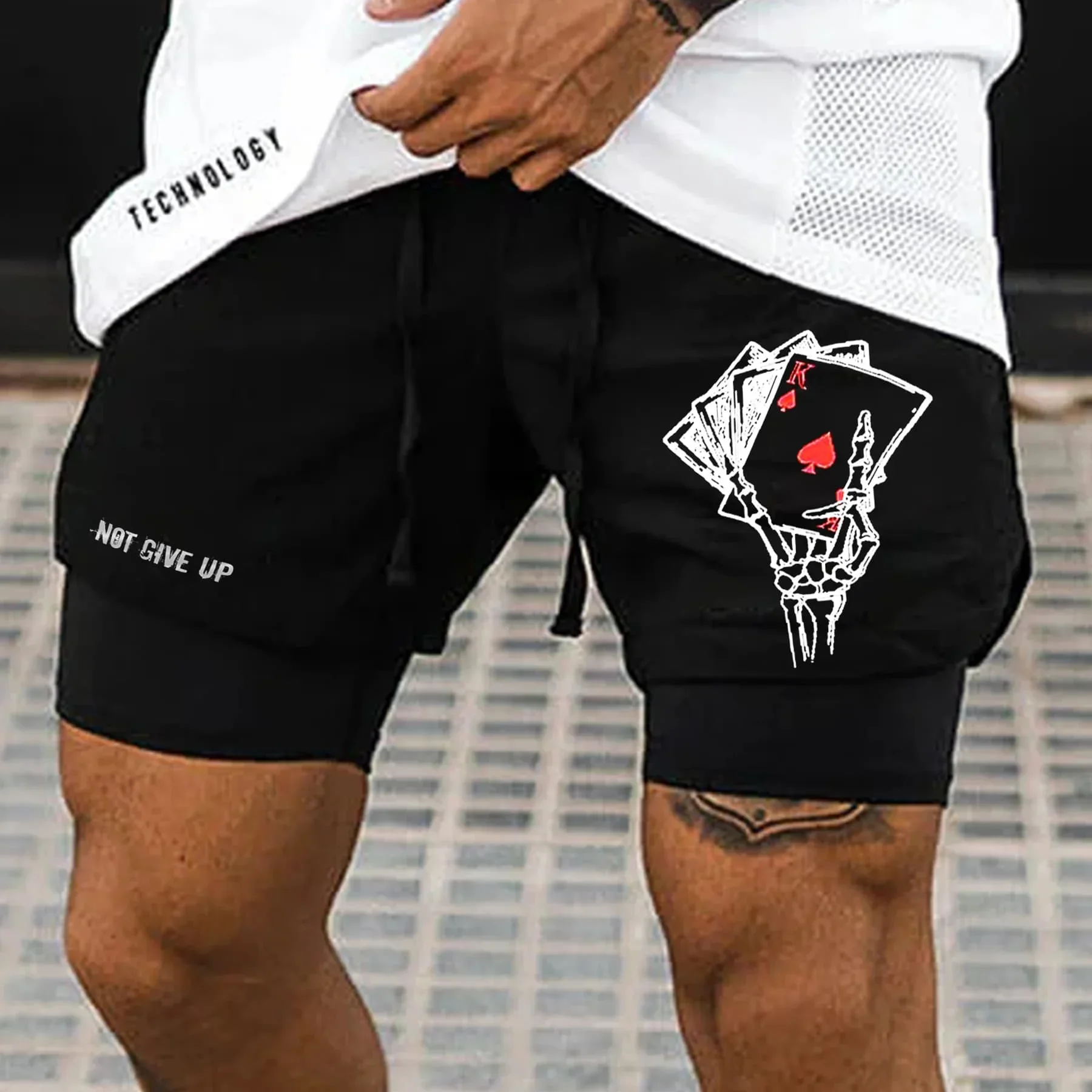 

New Summer Men's Quick-Drying Fake Two-piece Short Death Skull Playing Cards Gym Performance Shorts Men's Gym Shorts Moto