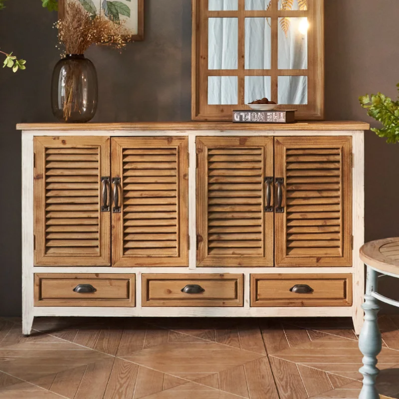 Retro and old solid wood dining side cabinet decorative locker living room entry medieval window decorative cabinet against the