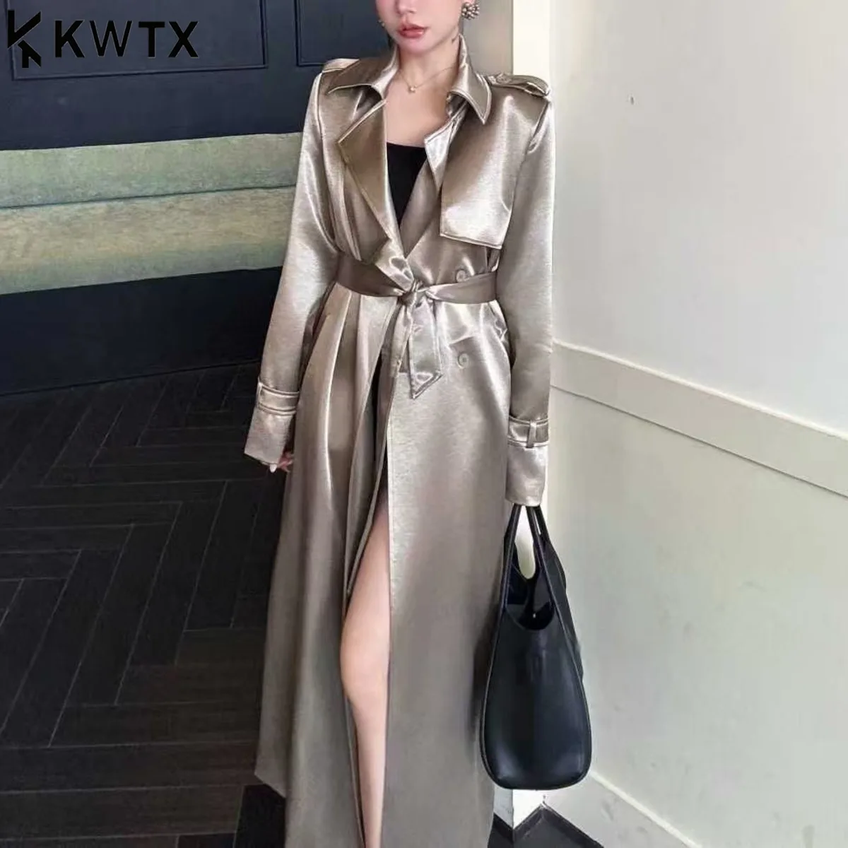 

KWTX 2025 Autumn Loose Trench Coat Vintage Lapel Draped Long Overcoat With Belt Elegant Casual Minimalist Style Fall Fashion