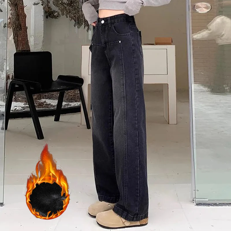 Winter Weibliche Retro Gerade Bein Plüsch Jeans Mädchen Koreanische Hohe Taille Fleece Denim Hosen Frauen Mode Baggy Thermische Hosen