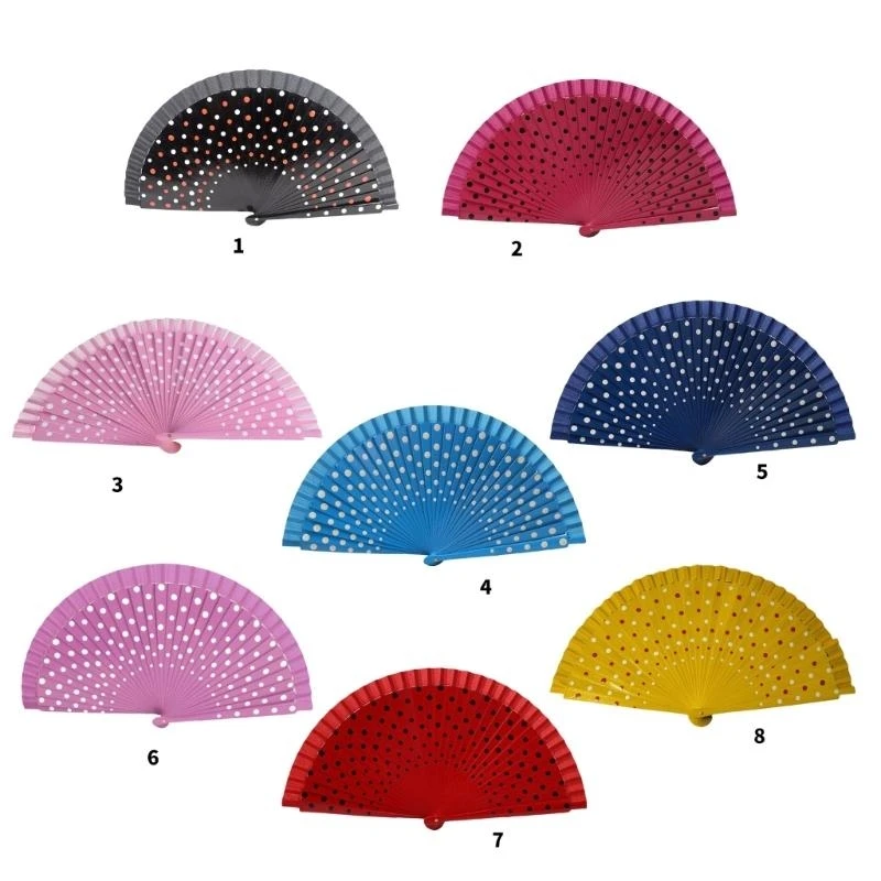 E8BD Spanish Handheld Folding Fan for Womens Vintage Dots Pattern Hand Fan for Wedding Dancing Party Decorations