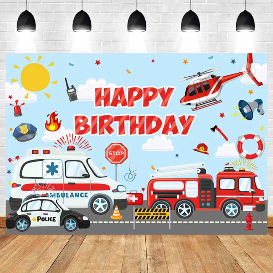 Fire Truck Background Cartoon Helicopter Emergency Rescue Backdrop Boy Firefighter Fire Truck Kids Birthday Decor ﻿