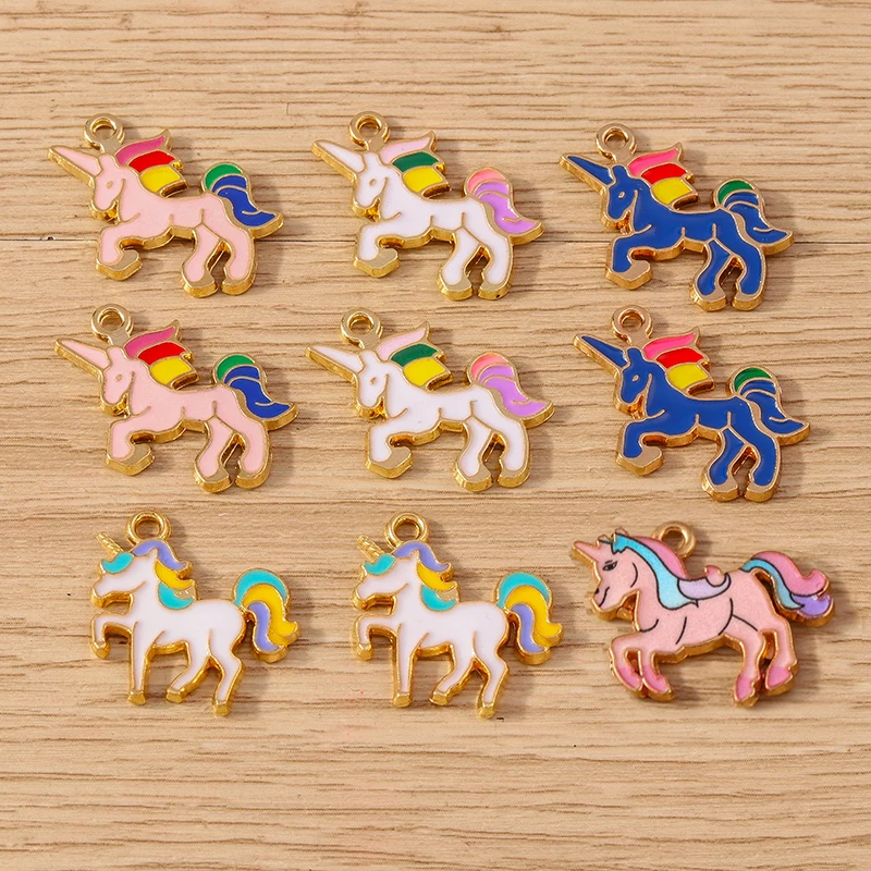 Tusember 10 Stück vergoldete Regenbogen-Emaille-Einhorn-Charm-Anhänger, Schmuckherstellung, Ohrringe, Armband, Halskette, Zubehör, DIY-Handwerk – Detail 2