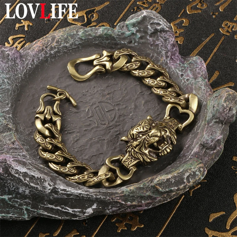 MenTrend Classic Design Brass Tiger Head Bracelet Domineering Personality Knight Motorcycle Bracelet Street Casual Jewelry Gift