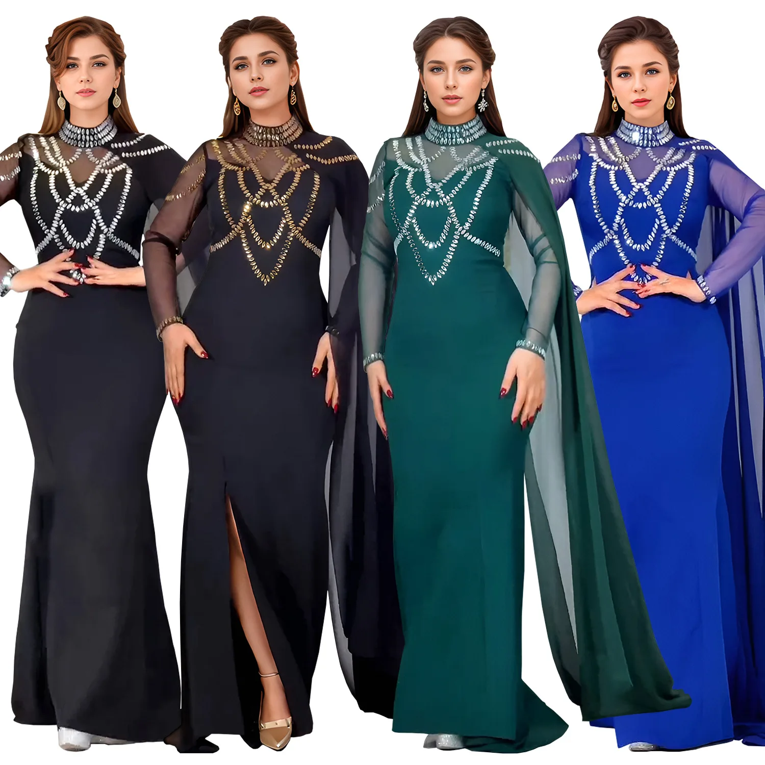 

Fashionable Women Evening Dress 2025 Sexy Side Split Elegant Diamond Slim Long Sleeves Maxi Dresses with Shawl