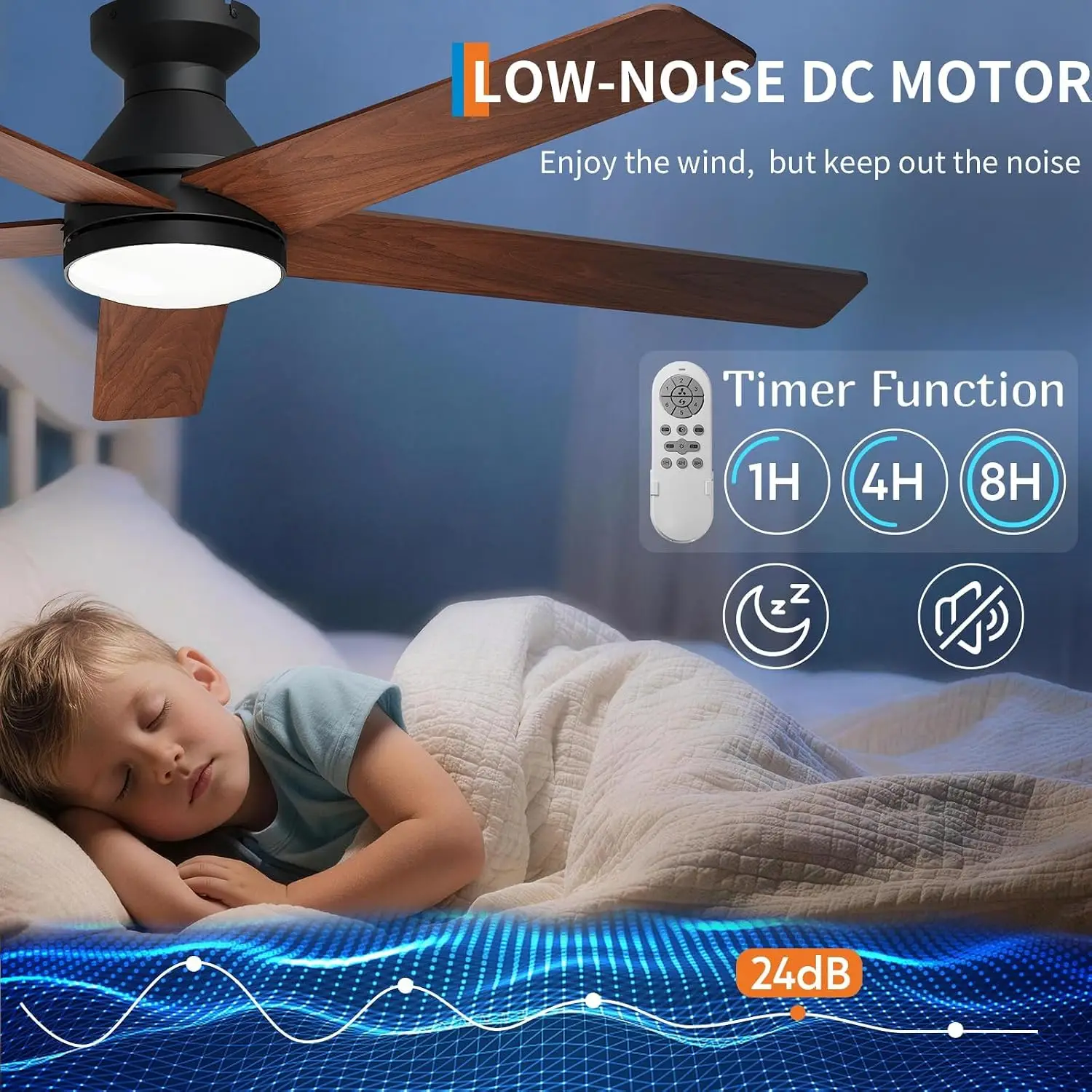 42/52" Low Profile Ceiling Fans with Lights and Wood Blades for Indoor/Outdoor | Remote Control, Flush Mount, 6-Speed, 5 Wood Blades, 3CCT Dimmable LED, Reversible Quiet DC Motor - view 3
