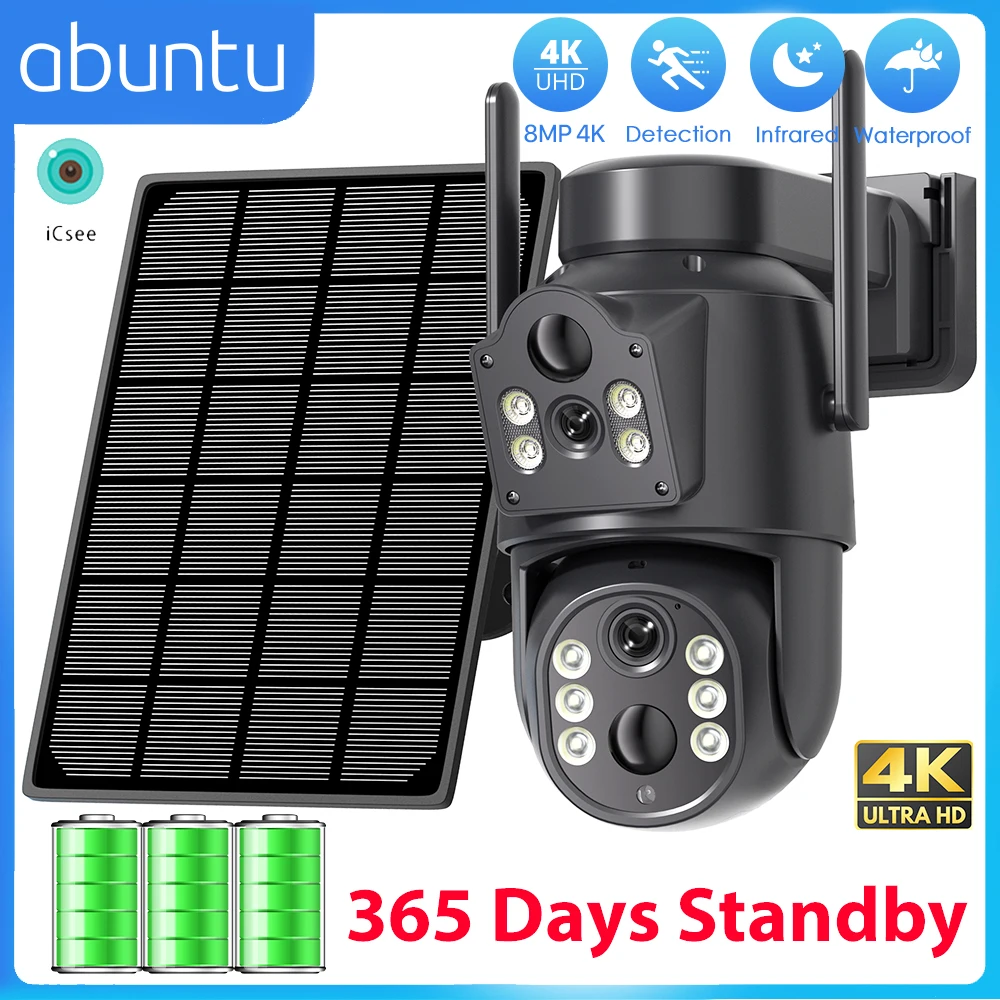 8MP 4K HD Solar WiFi Camera Outdoor Built-in Battery Dual Lens 2K Security Camera Solar Panel Wireless Video Surveillance iCSee