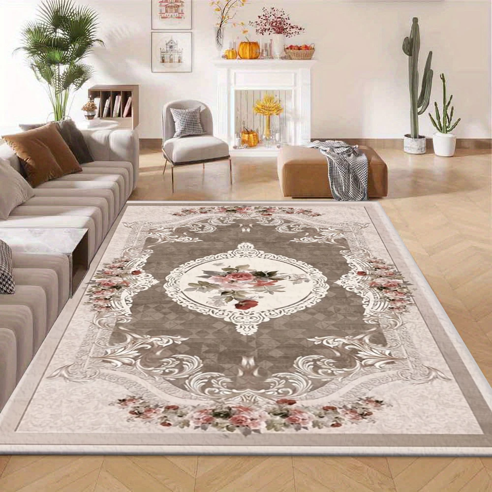 Vintage European Rose Floral Ornate Frame Area Rug Retro Romantic Carpet for Bedroom Living Room