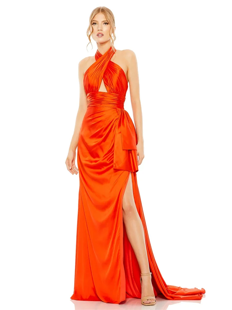 

Customized Princess Halter Neckline Floor-Length Backless Satin Prom Dress With Chest Tie Gown For Women Party Wedding Evening