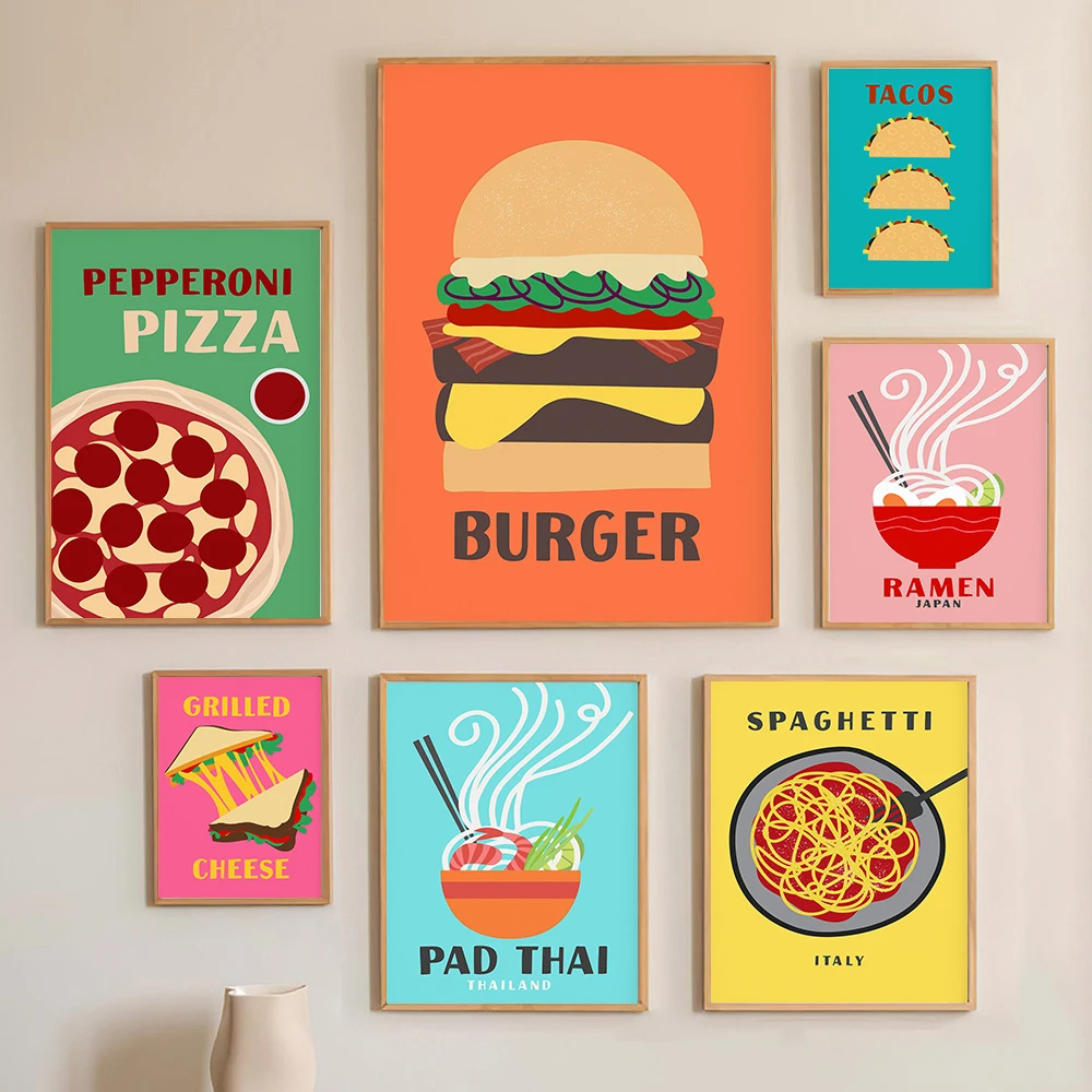 

Bright Fun Food Poster Preppy Room Decor Pizza Tacos Ramen Pasta Canvas Prints Maximalist Trendy Wall Art Retro Pop Pictures