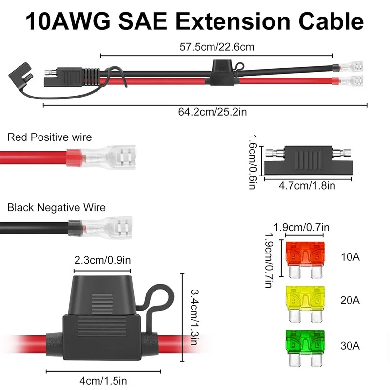 10AWG SAE Quick‑Disconnect Extension Harness SAE to Cold Crimp Spade Terminal Plug‑in Connector for Solar Panel&Battery Charging