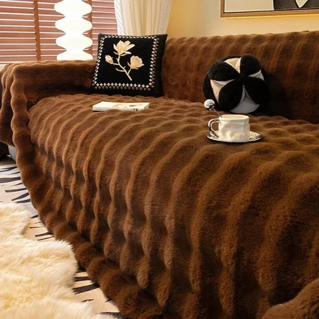 Thick Faux Rabbit Fur Sofa Cover Bubble Wavy Plush Sofa Cover Winter Warm Non-slip Universal Furniture Protector Fluffy Sofa Mat