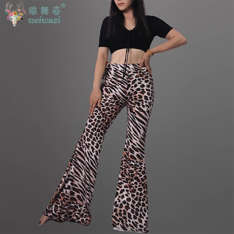 Pantalon d'entraînement de danse du ventre pour femmes, pantalon évasé à tambour, Leggings léopard Sexy, contrôle du ventre, vêtements de danse imprimés Slim