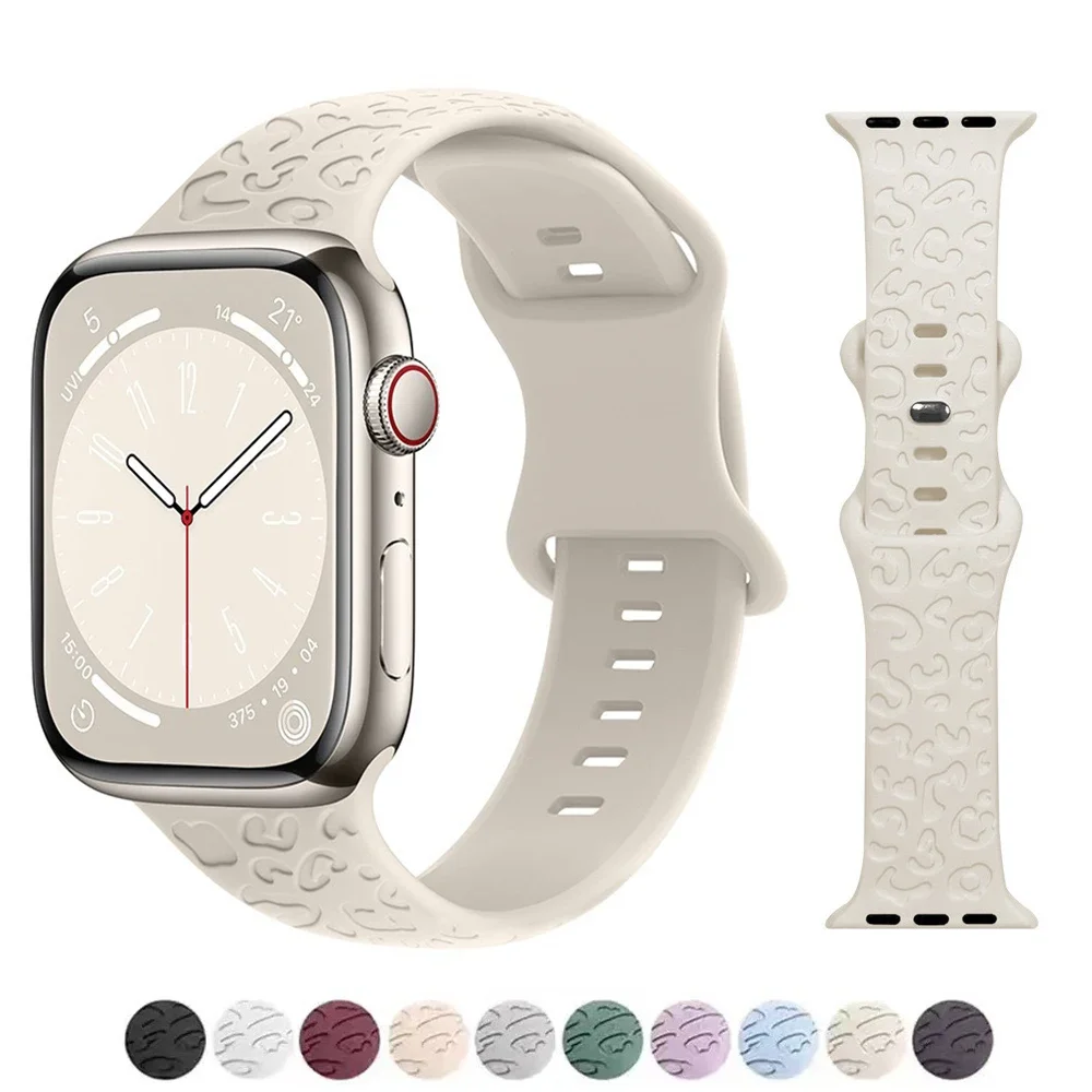 

Ремешки с леопардовым гравировкой для Apple Watch Band ultra 2 49 мм 45 мм 44 мм 42 мм 41 мм 40 мм Силиконовый браслет для серии 9 8 7 se 3 6 5 4