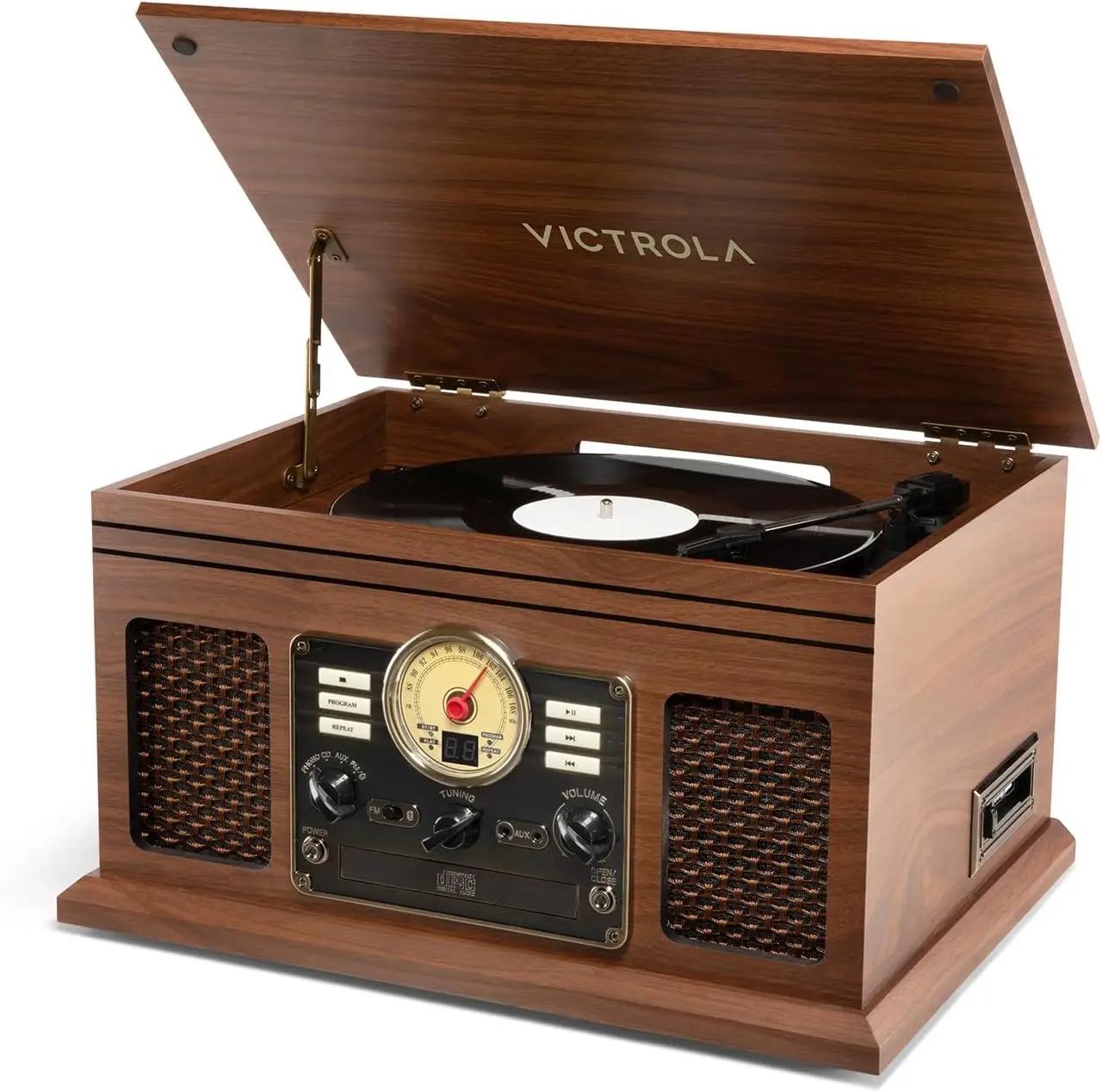 Quincy - 6-in-1 Bluetooth Record Player - Walnut | Plays vinyl, CD, cassette and FM radio through built-in stereo speakers, Blue