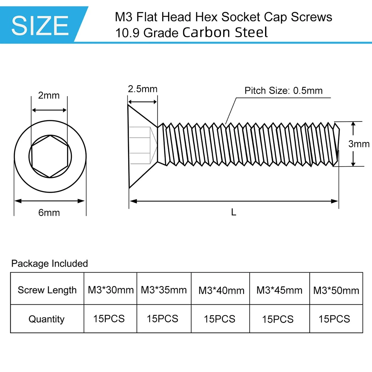75Pcs M3x30/35/4045/50mm Flat Head Hex Screw Countersunk Bolt Grade 10.9 Carbon Steel