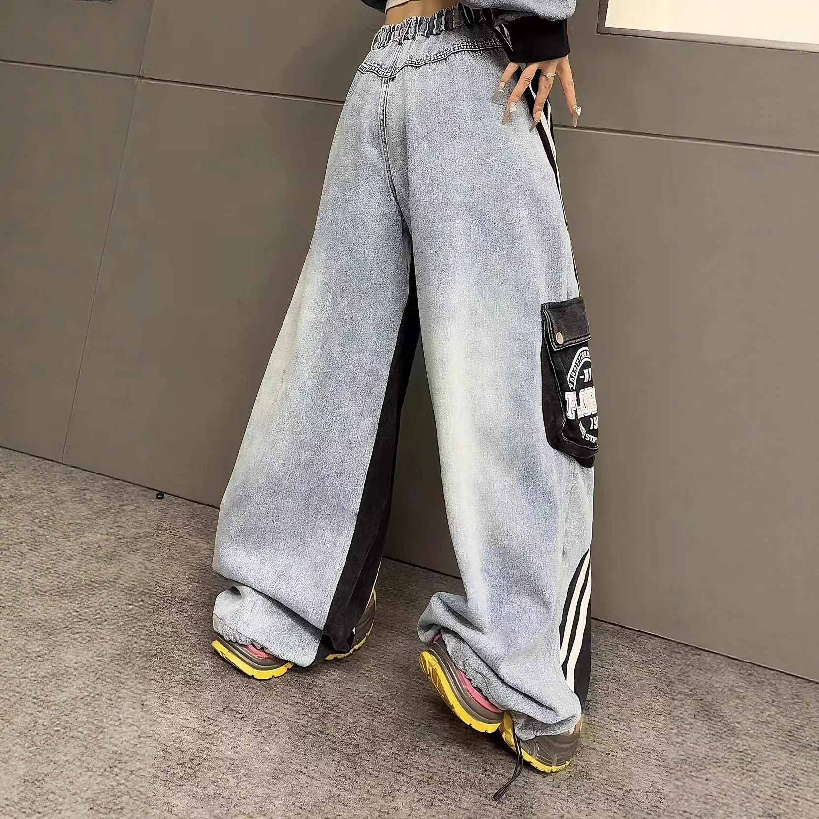 النمط الأوروبي المرأة الجينز 2025 الخريف الشتاء جديد شخصية الدنيم المرقعة غسلها القطن إلكتروني طباعة جيب السراويل الطويلة #3