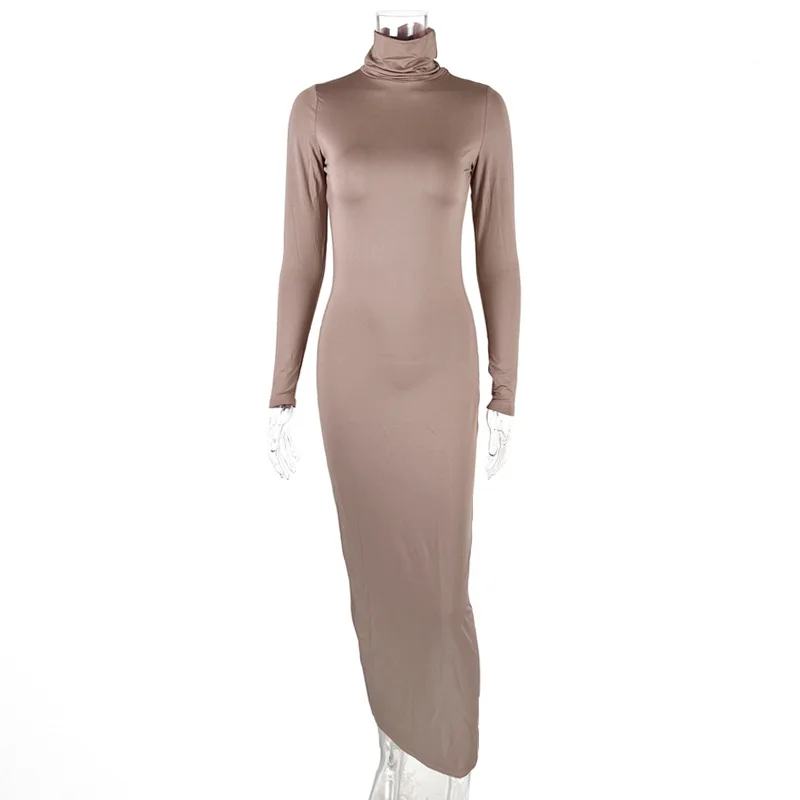 Herbst Winter Sexy Hochgeschlossenes Schlankes Bodycon Maxikleid Damen Langarm Einfarbiges Enges Abendkleid Club Party Vestidos – Detail 5