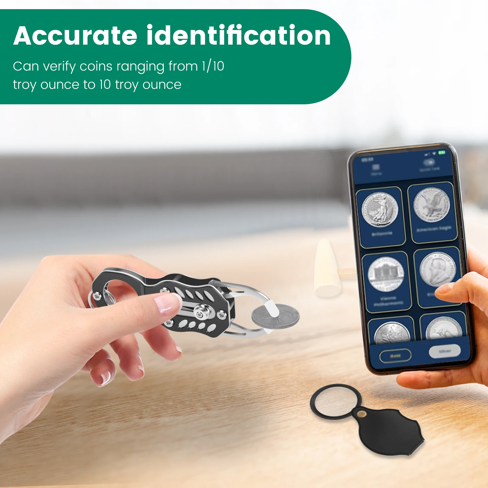 Pocket Pinger Tester Kit Portable Gold and Silver Change Ping Resonance Testing Tool with Hammer and Magnifying Glass