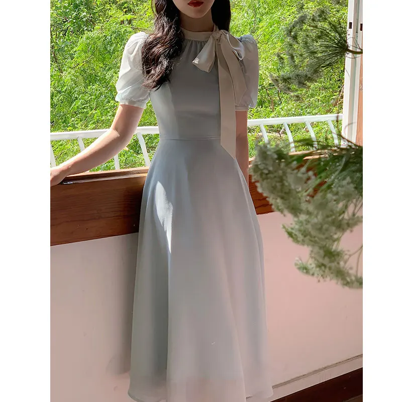 Elegant Bowtie Black Dress Women Fashion Retro Puff Sleeve Blue Bandage Midi Dresses Office Lady A Line Sundress Vestidos 2023