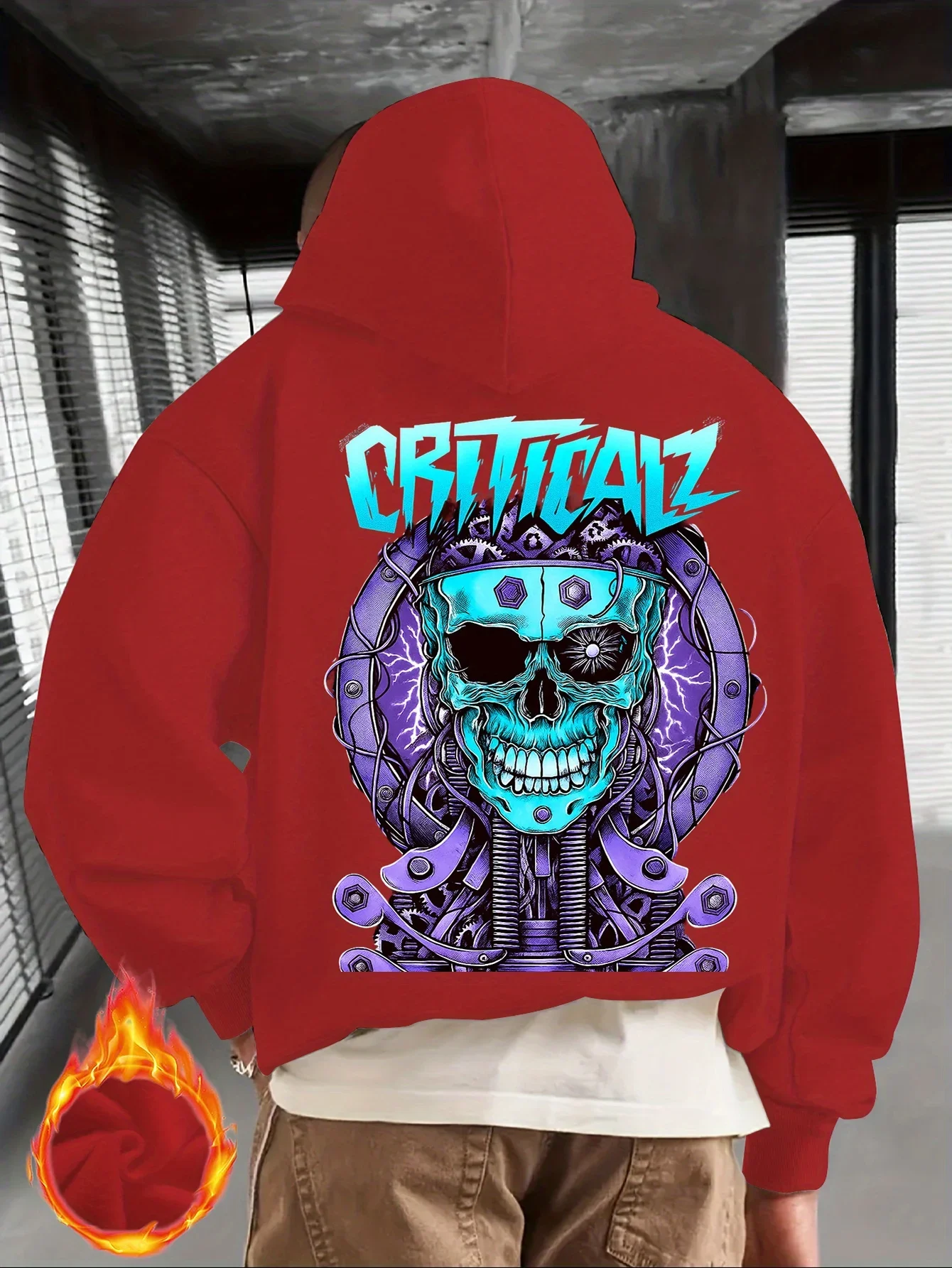 Men Cyber Mechanical Skull Back Print Hoodie Dark Graffiti Street Art Graphic Pullover Unisex Loose Fleece Lined Autumn Winter