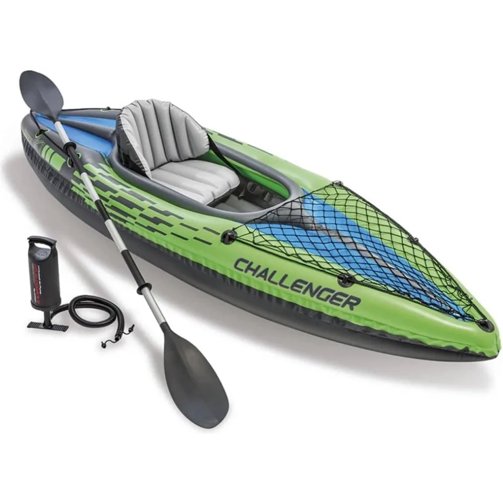 Challenger K1 Kayak 1 Man Inflatable Canoe with Aluminum Oars and Hand Pump, Green/Blue